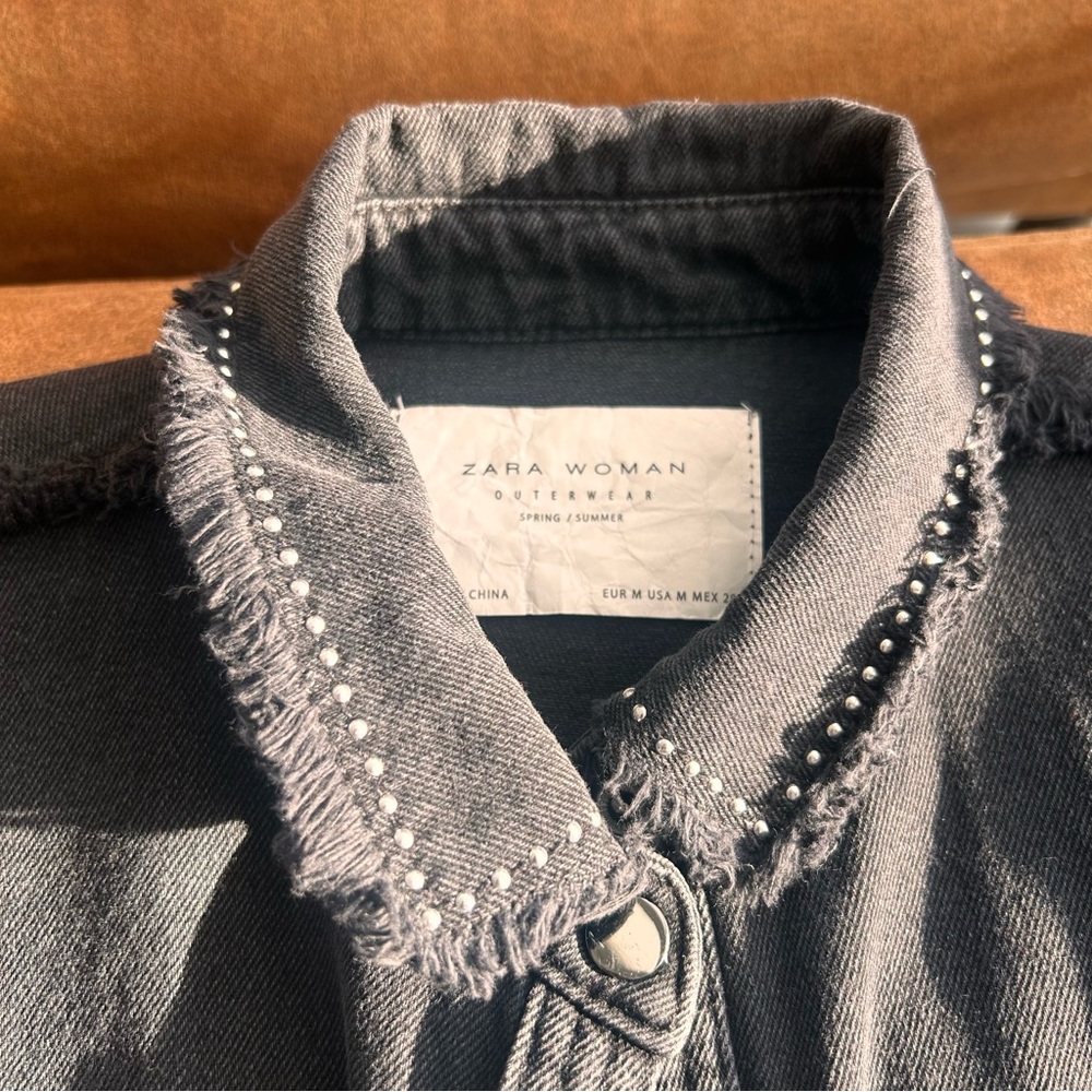 Zara Black Frayed Collar Denim Jacket with Stud Trim